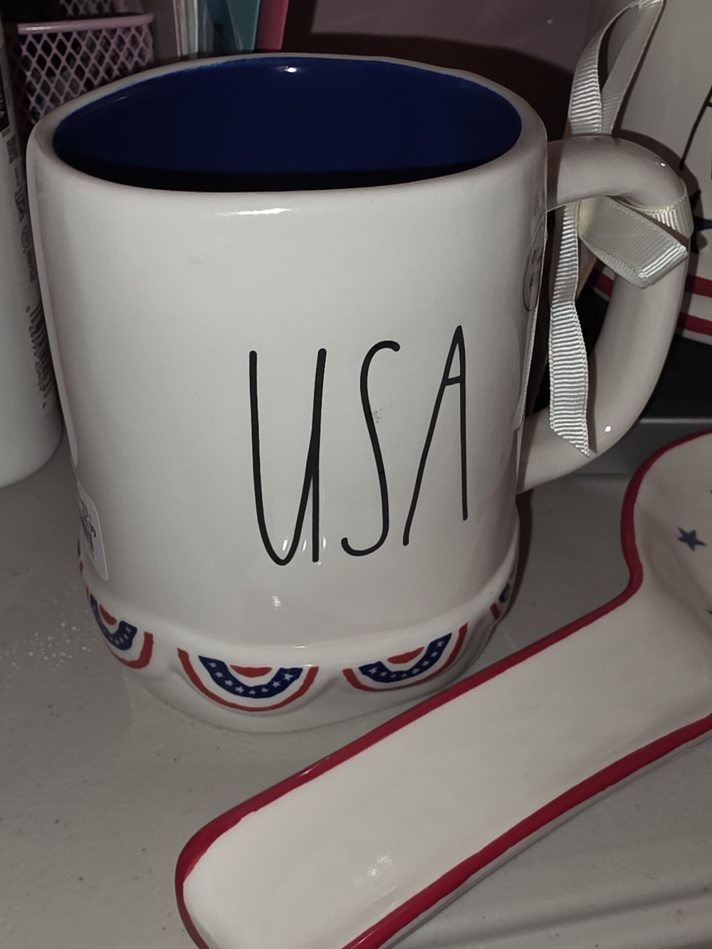 Magenta Patriotic Ceramic Canister, Mugs & Spoonrest in Red, White & Blue - Picture 2 of 5